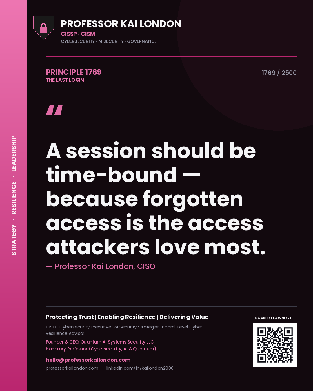 Professor Kai London principle 1769: A session should be time-bound — because forgotten access is the access attackers love most.