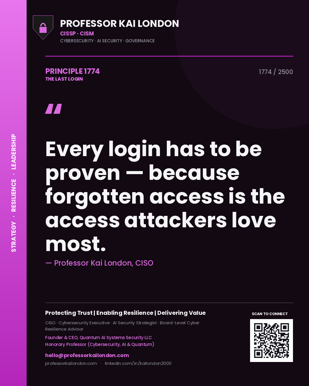 Professor Kai London principle 1774: Every login has to be proven — because forgotten access is the access attackers love most.