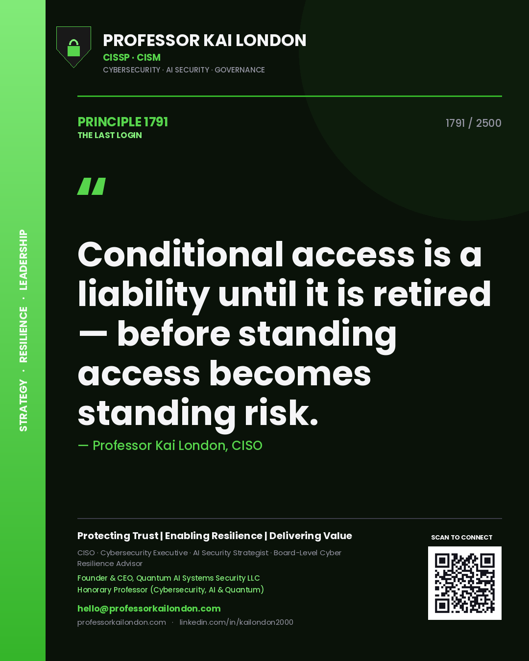 Professor Kai London principle 1791: Conditional access is a liability until it is retired — before standing access becomes standing risk.