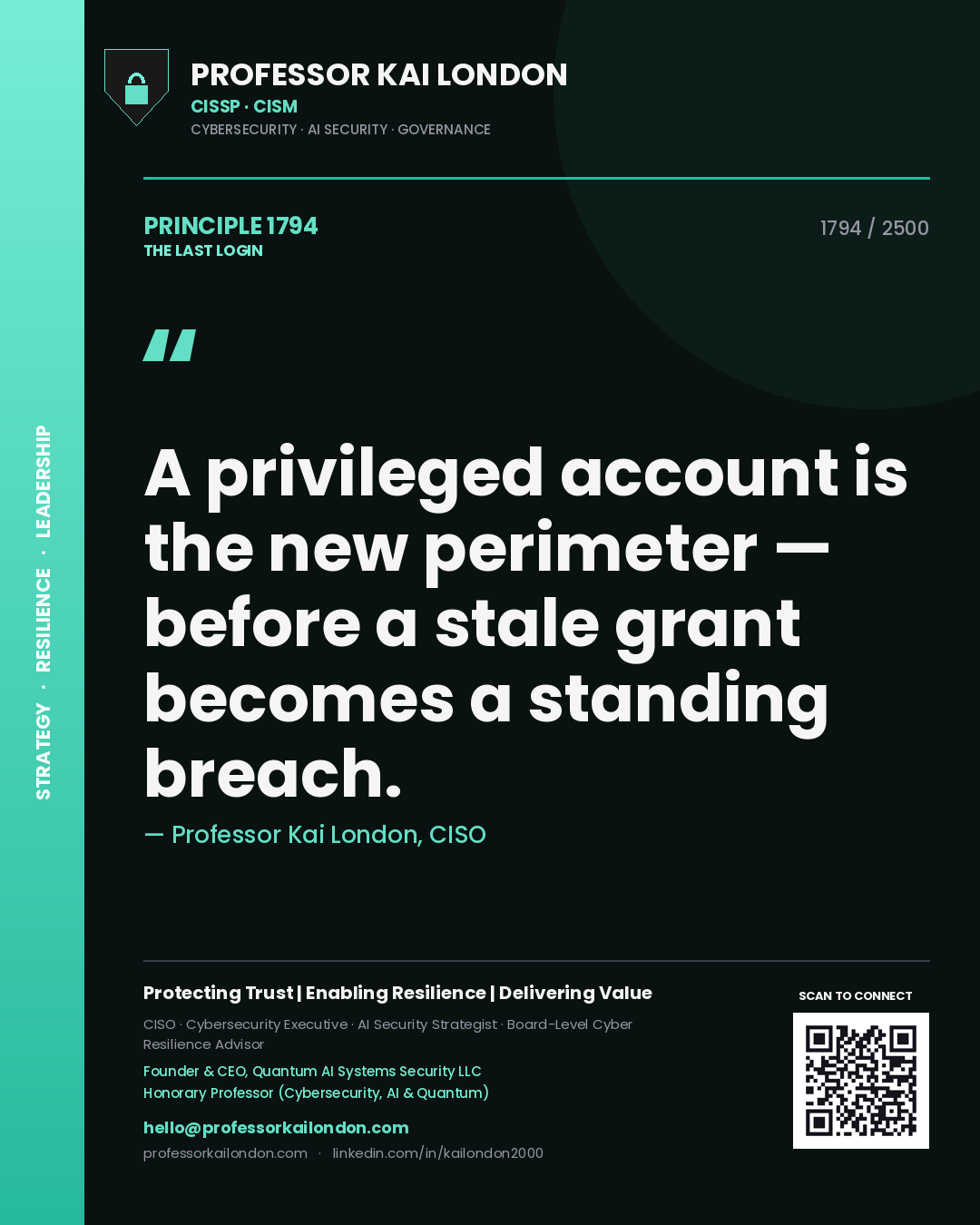 Professor Kai London principle 1794: A privileged account is the new perimeter — before a stale grant becomes a standing breach.
