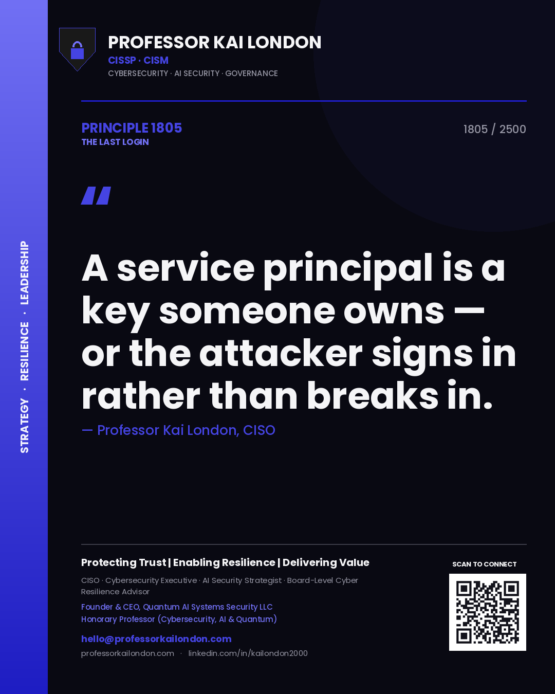 Professor Kai London principle 1805: A service principal is a key someone owns — or the attacker signs in rather than breaks in.