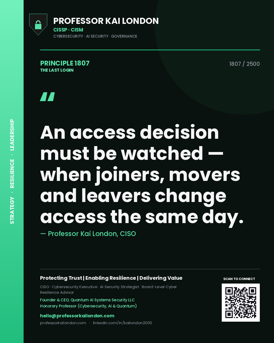 Professor Kai London principle 1807: An access decision must be watched — when joiners, movers and leavers change access the same day.