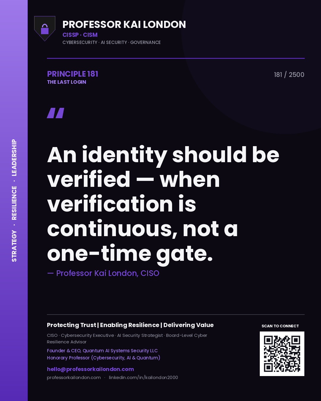 Professor Kai London principle 181: An identity should be verified — when verification is continuous, not a one-time gate.