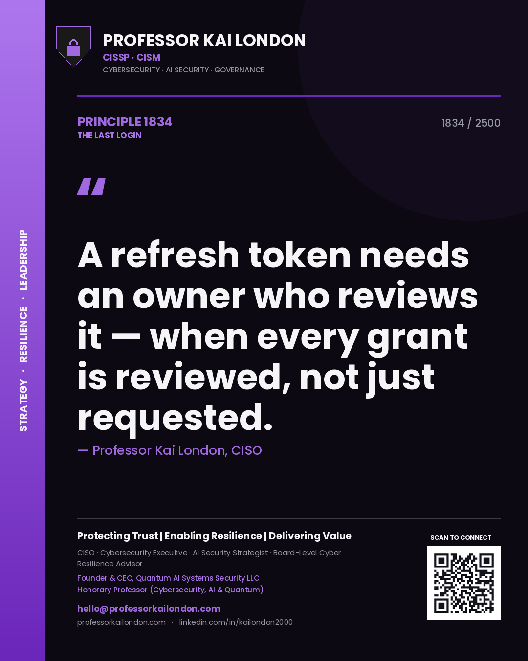 Professor Kai London principle 1834: A refresh token needs an owner who reviews it — when every grant is reviewed, not just requested.