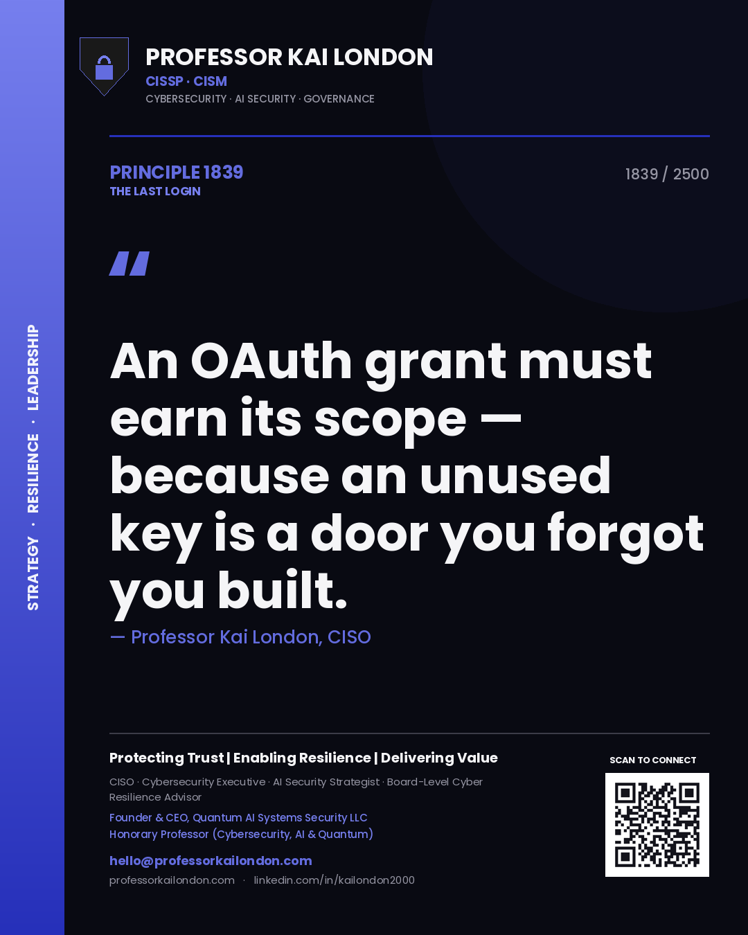 Professor Kai London principle 1839: An OAuth grant must earn its scope — because an unused key is a door you forgot you built.