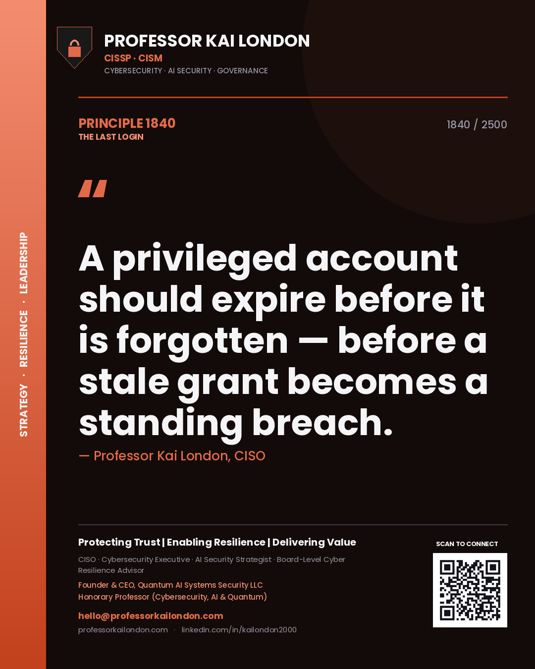 Professor Kai London principle 1840: A privileged account should expire before it is forgotten — before a stale grant becomes a standing breach.