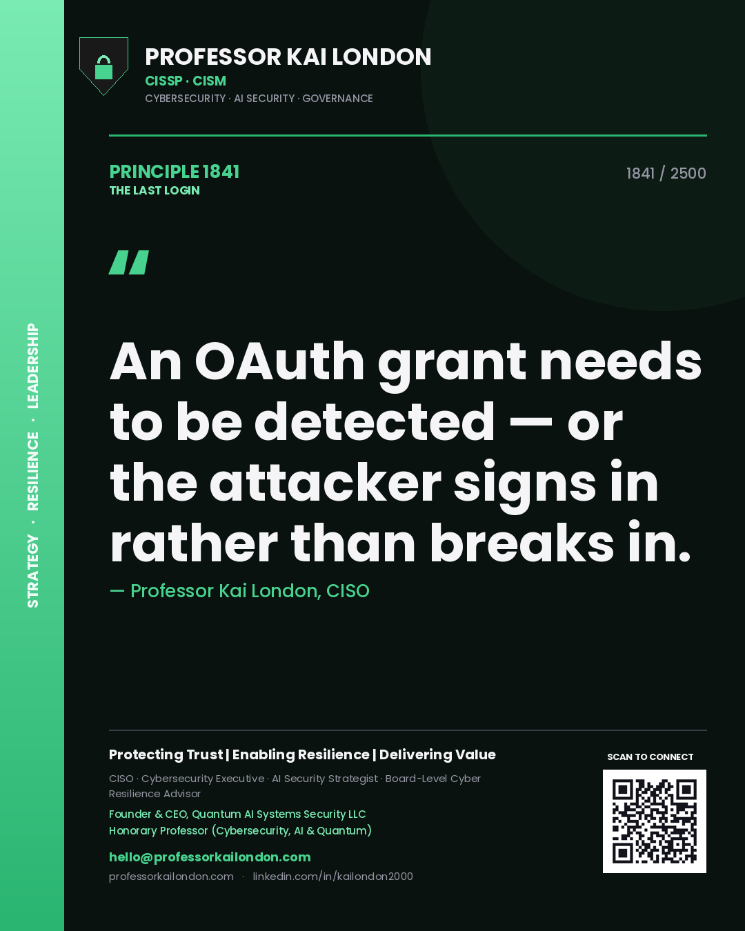 Professor Kai London principle 1841: An OAuth grant needs to be detected — or the attacker signs in rather than breaks in.