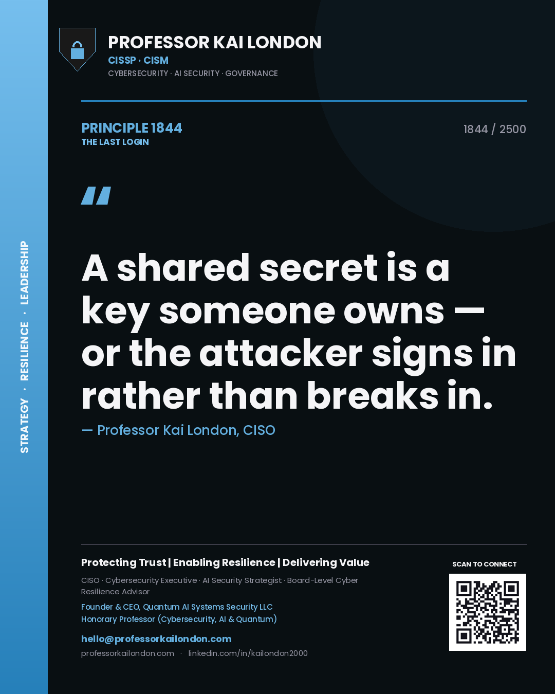 Professor Kai London principle 1844: A shared secret is a key someone owns — or the attacker signs in rather than breaks in.