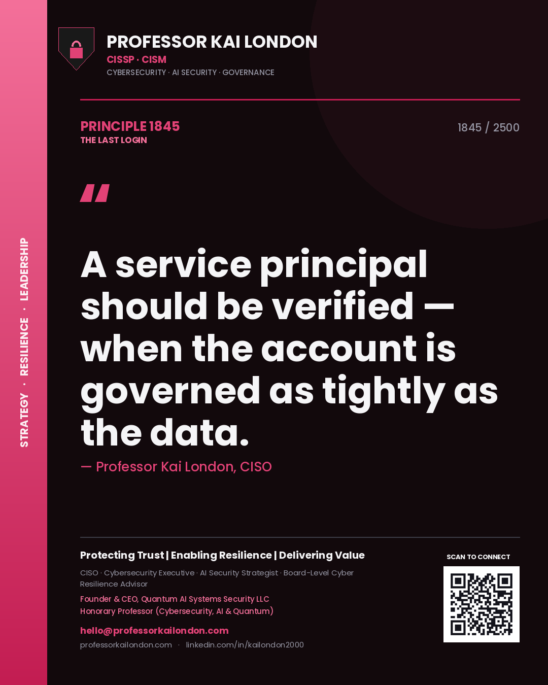 Professor Kai London principle 1845: A service principal should be verified — when the account is governed as tightly as the data.