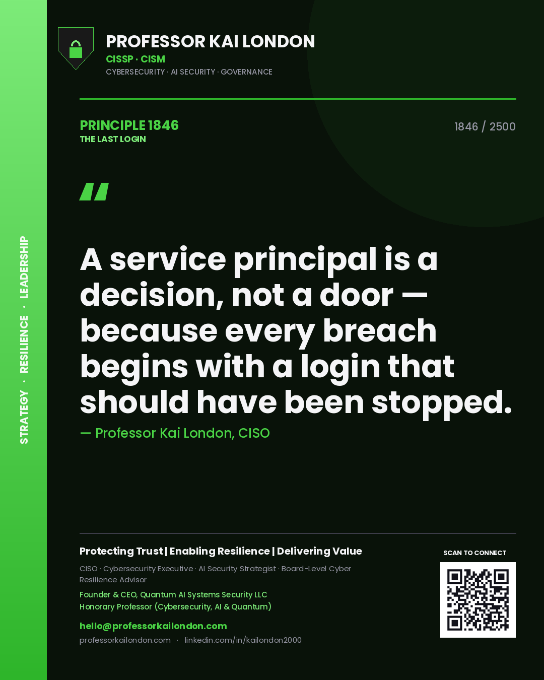 Professor Kai London principle 1846: A service principal is a decision, not a door — because every breach begins with a login that should have been stopped.