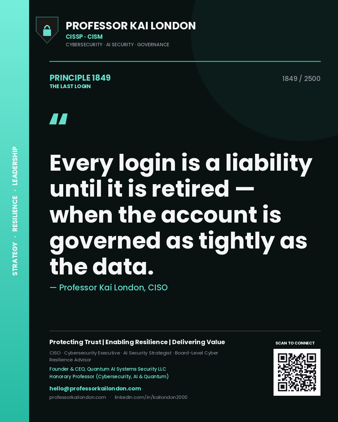 Professor Kai London principle 1849: Every login is a liability until it is retired — when the account is governed as tightly as the data.
