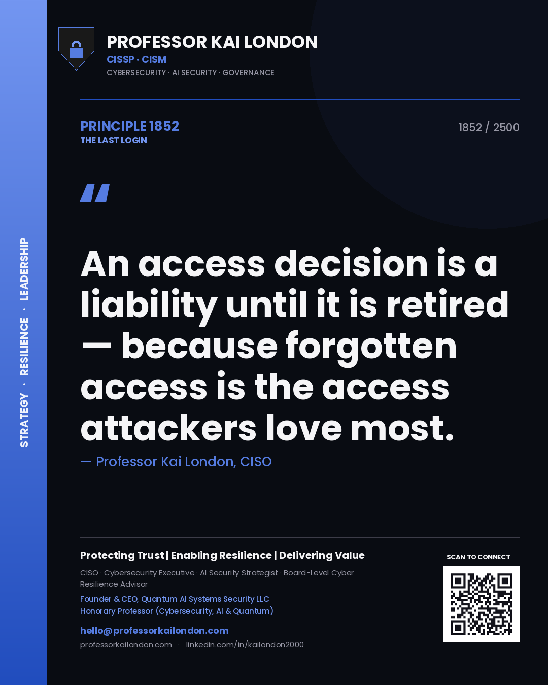 Professor Kai London principle 1852: An access decision is a liability until it is retired — because forgotten access is the access attackers love most.