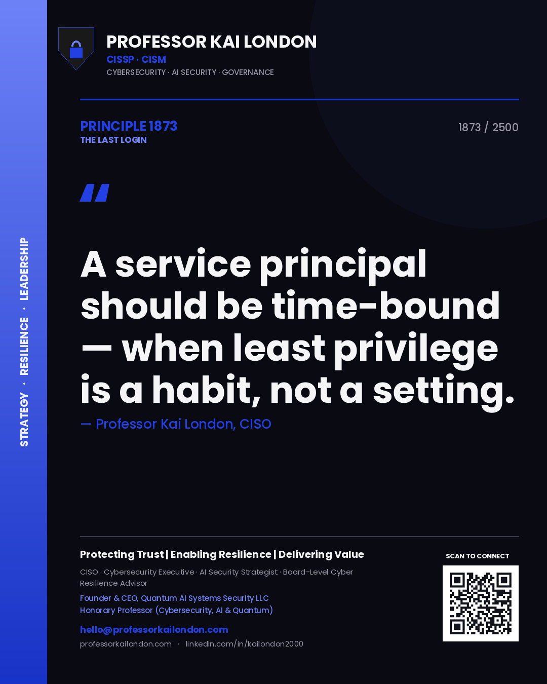 Professor Kai London principle 1873: A service principal should be time-bound — when least privilege is a habit, not a setting.