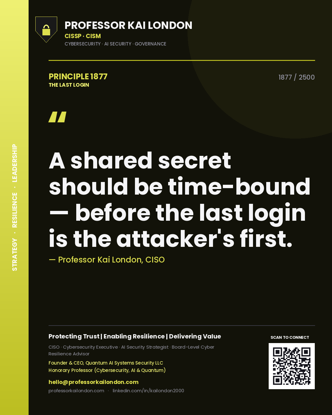 Professor Kai London principle 1877: A shared secret should be time-bound — before the last login is the attacker's first.