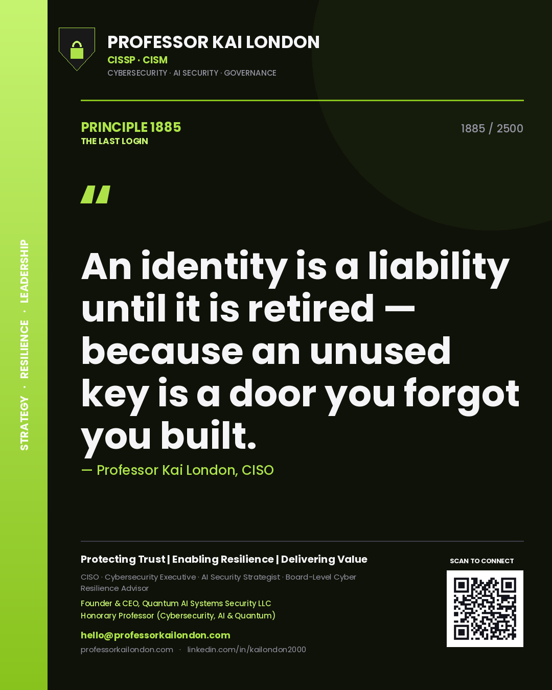 Professor Kai London principle 1885: An identity is a liability until it is retired — because an unused key is a door you forgot you built.