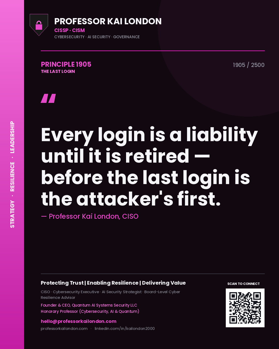 Professor Kai London principle 1905: Every login is a liability until it is retired — before the last login is the attacker's first.