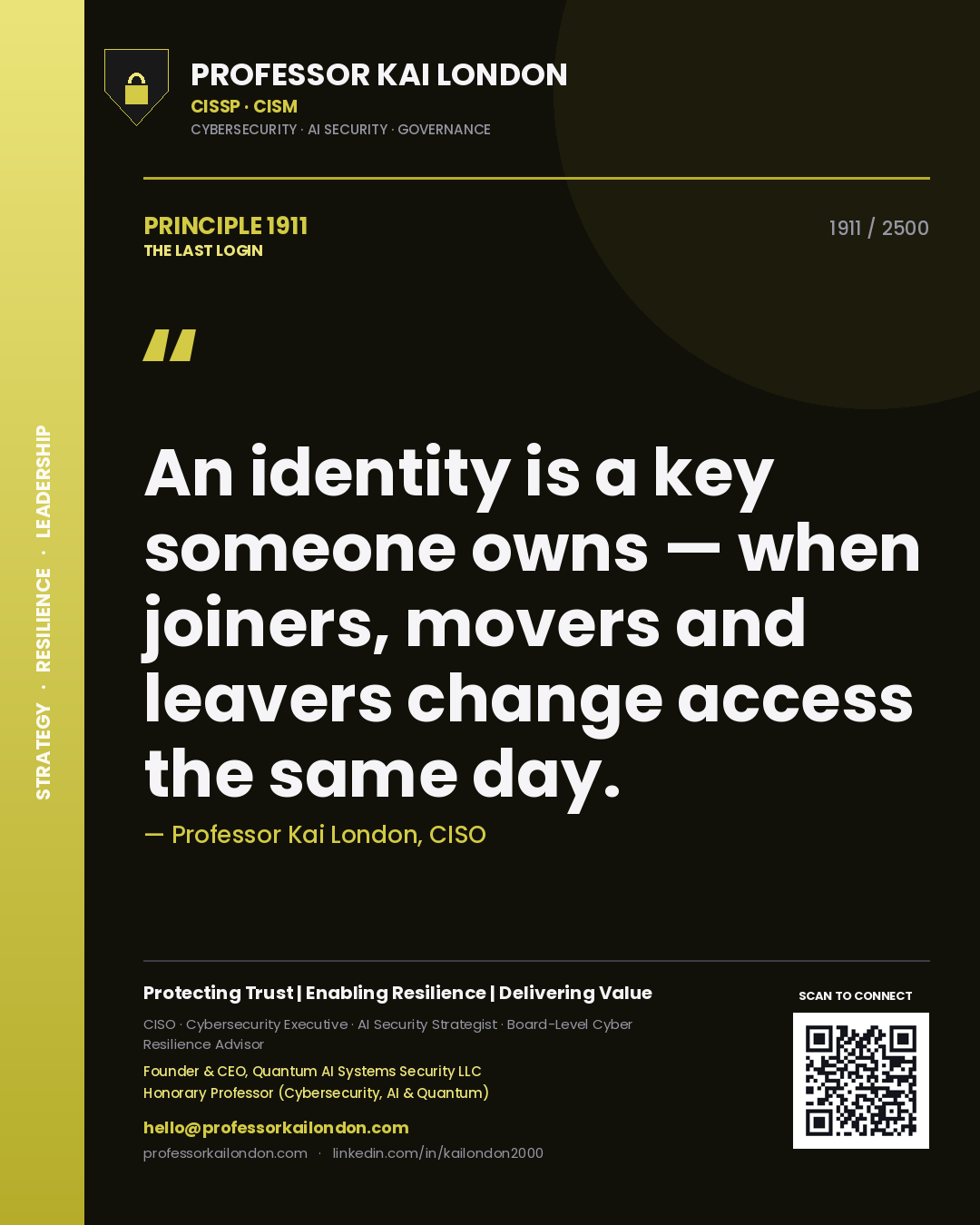 Professor Kai London principle 1911: An identity is a key someone owns — when joiners, movers and leavers change access the same day.