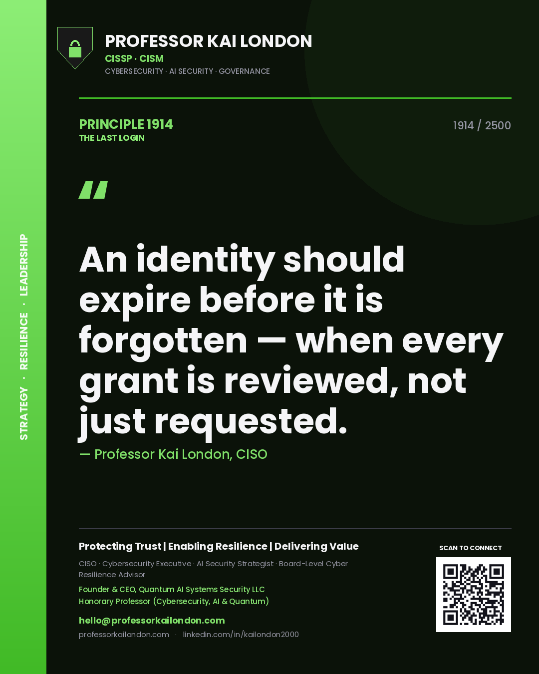 Professor Kai London principle 1914: An identity should expire before it is forgotten — when every grant is reviewed, not just requested.