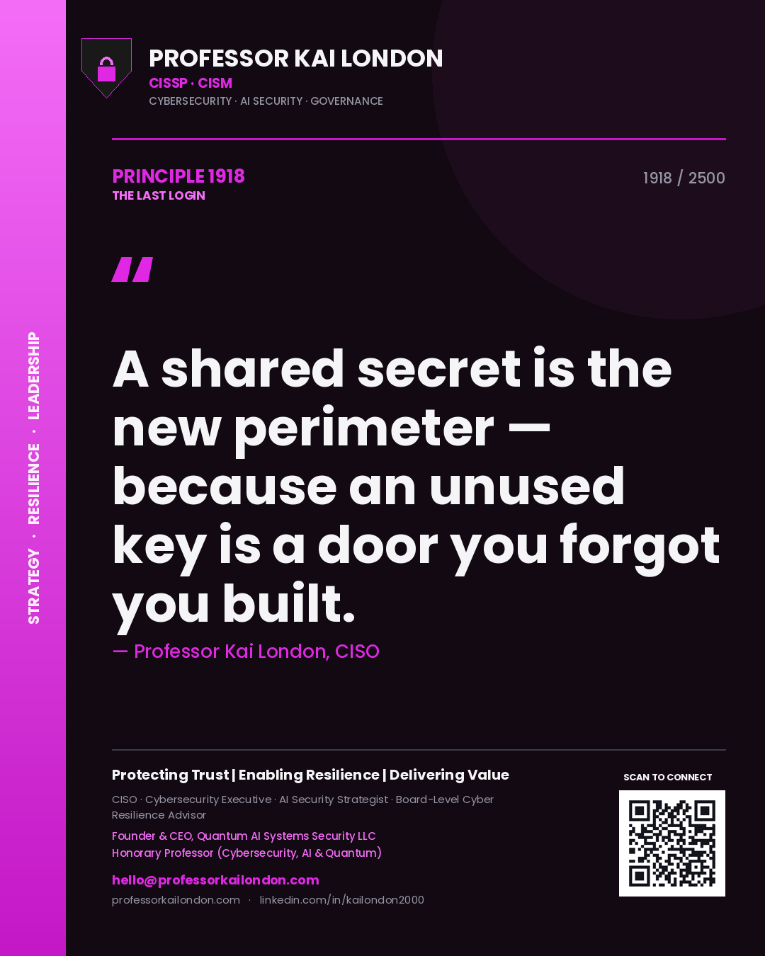 Professor Kai London principle 1918: A shared secret is the new perimeter — because an unused key is a door you forgot you built.