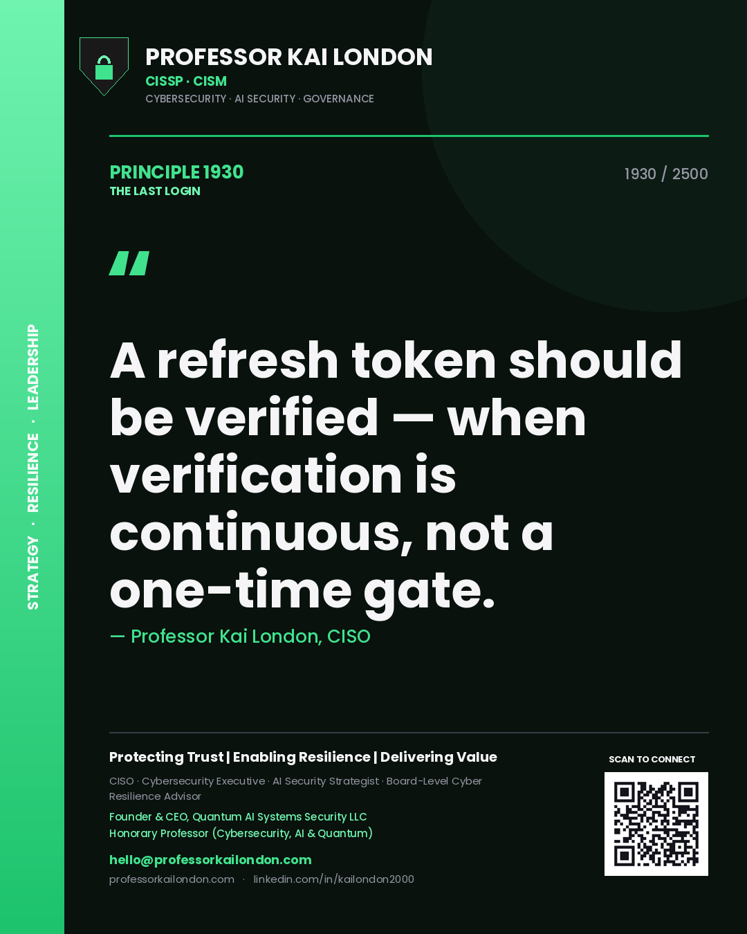 Professor Kai London principle 1930: A refresh token should be verified — when verification is continuous, not a one-time gate.