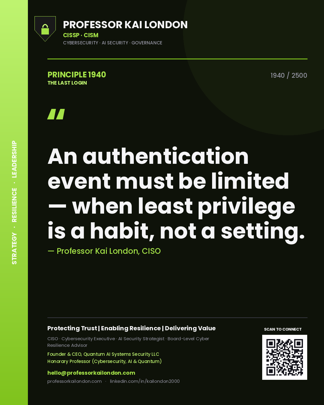Professor Kai London principle 1940: An authentication event must be limited — when least privilege is a habit, not a setting.