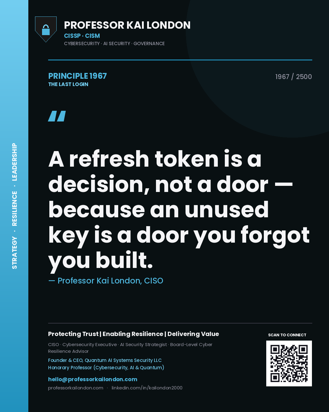 Professor Kai London principle 1967: A refresh token is a decision, not a door — because an unused key is a door you forgot you built.