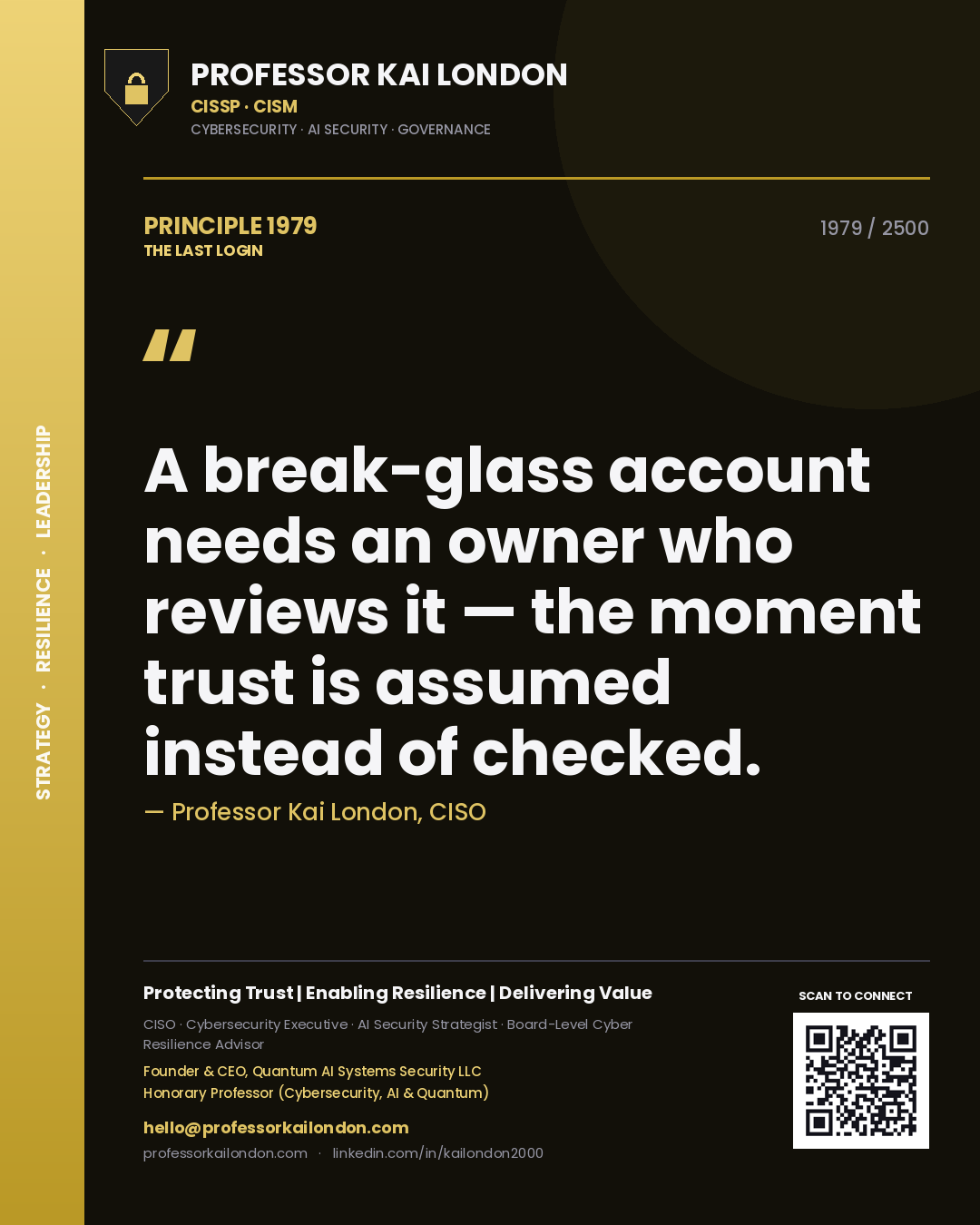 Professor Kai London principle 1979: A break-glass account needs an owner who reviews it — the moment trust is assumed instead of checked.