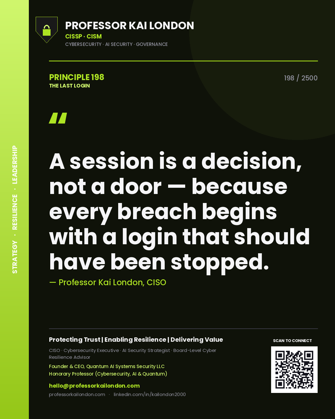 Professor Kai London principle 198: A session is a decision, not a door — because every breach begins with a login that should have been stopped.