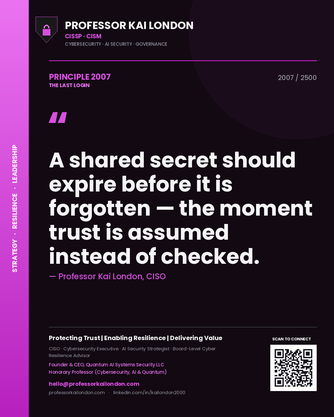 Professor Kai London principle 2007: A shared secret should expire before it is forgotten — the moment trust is assumed instead of checked.