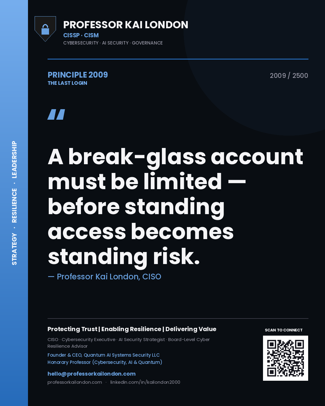 Professor Kai London principle 2009: A break-glass account must be limited — before standing access becomes standing risk.