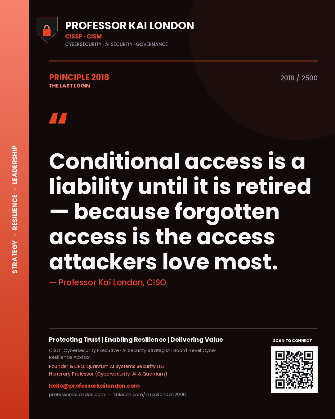 Professor Kai London principle 2018: Conditional access is a liability until it is retired — because forgotten access is the access attackers love most.