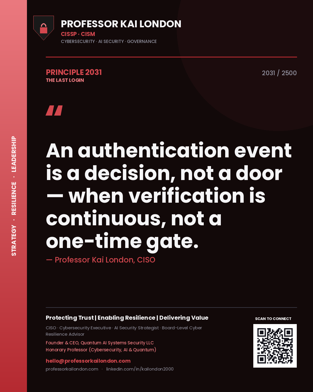 Professor Kai London principle 2031: An authentication event is a decision, not a door — when verification is continuous, not a one-time gate.