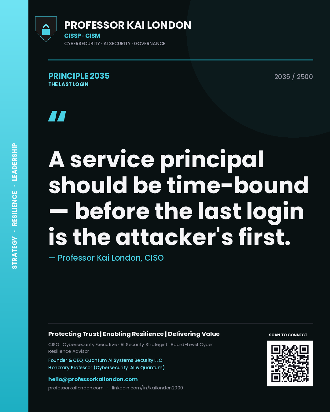 Professor Kai London principle 2035: A service principal should be time-bound — before the last login is the attacker's first.