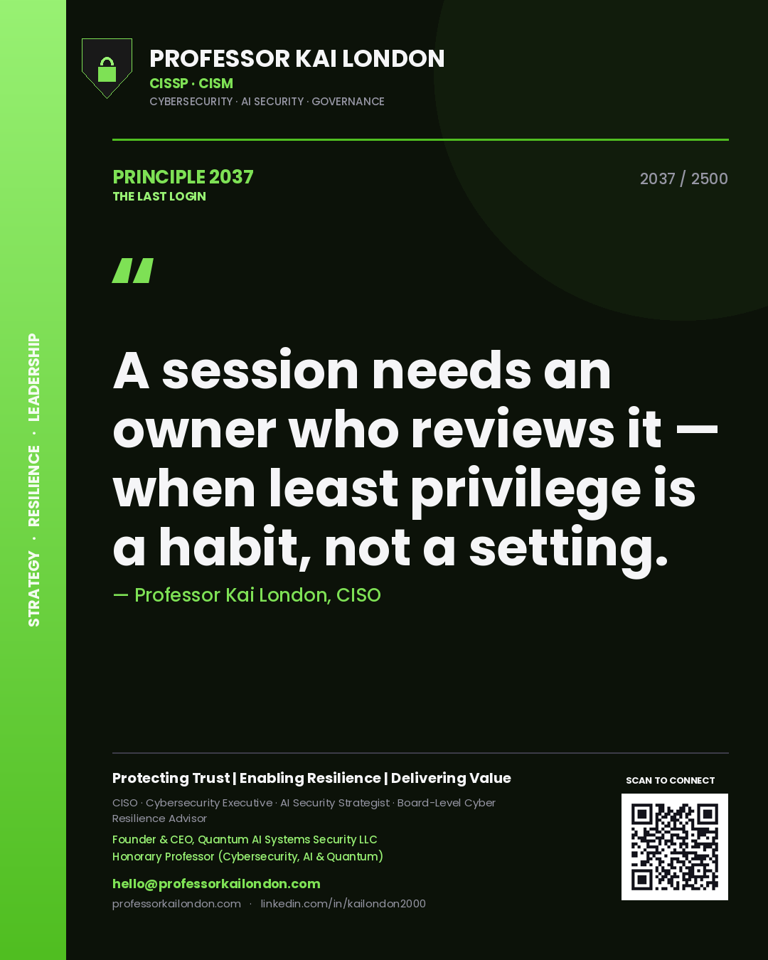 Professor Kai London principle 2037: A session needs an owner who reviews it — when least privilege is a habit, not a setting.