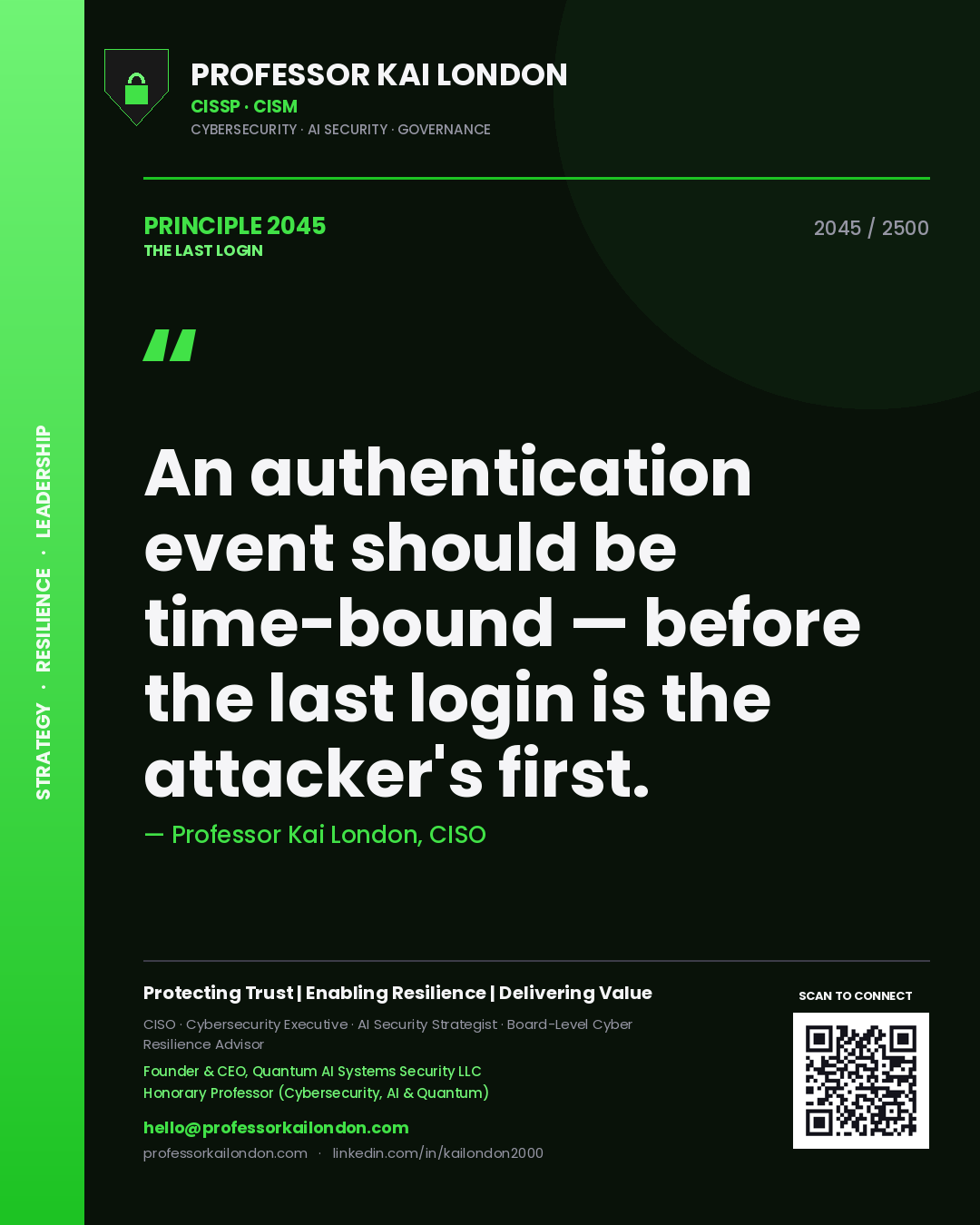 Professor Kai London principle 2045: An authentication event should be time-bound — before the last login is the attacker's first.