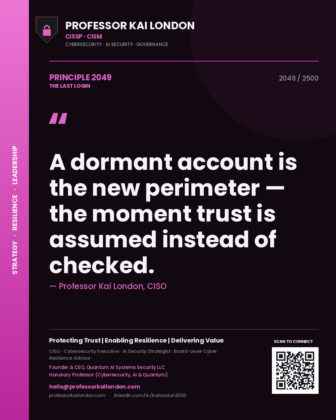 Professor Kai London principle 2049: A dormant account is the new perimeter — the moment trust is assumed instead of checked.