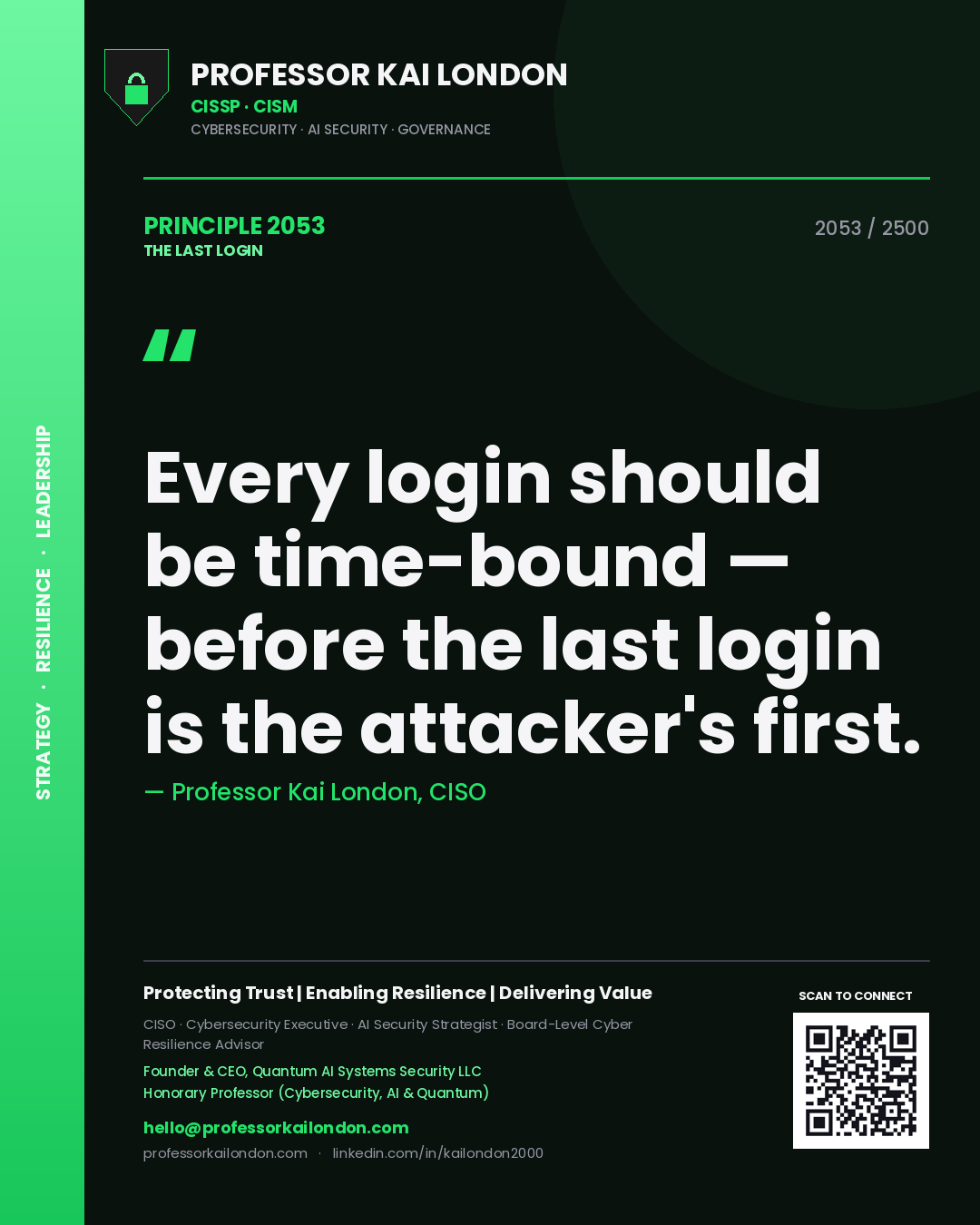 Professor Kai London principle 2053: Every login should be time-bound — before the last login is the attacker's first.