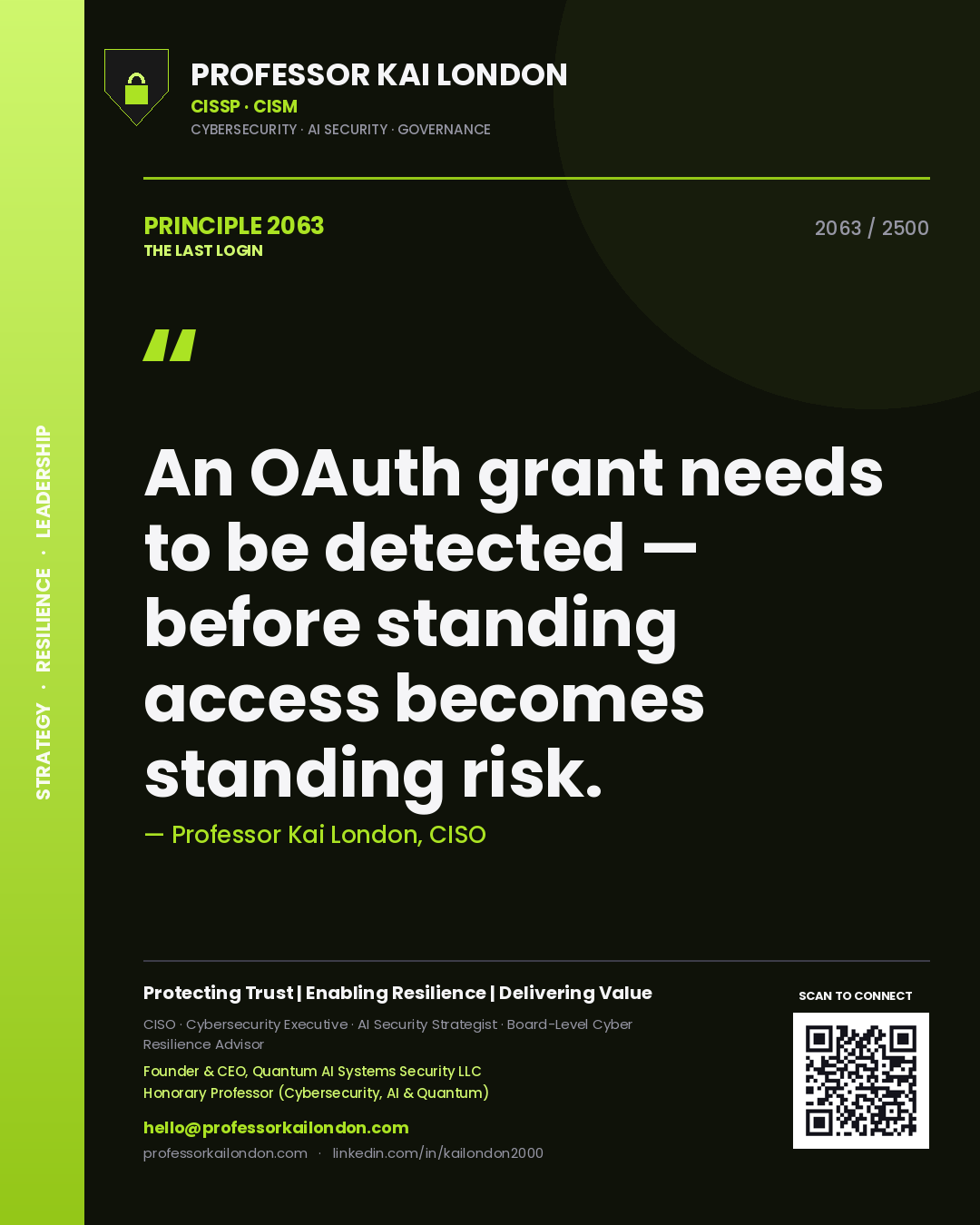 Professor Kai London principle 2063: An OAuth grant needs to be detected — before standing access becomes standing risk.