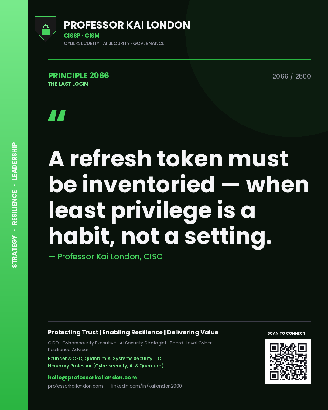 Professor Kai London principle 2066: A refresh token must be inventoried — when least privilege is a habit, not a setting.