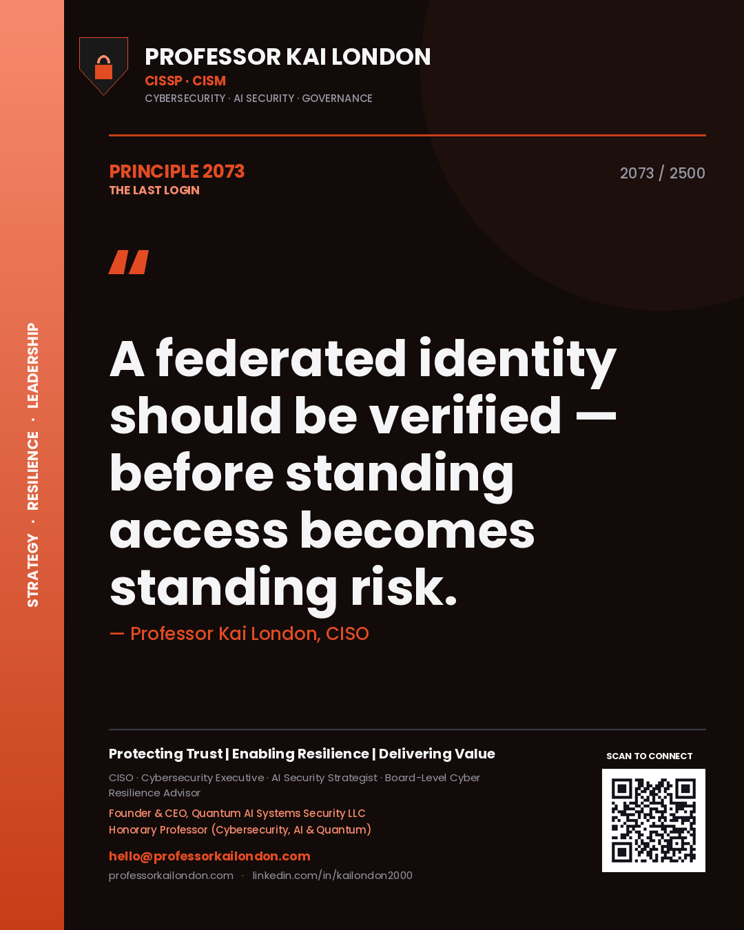 Professor Kai London principle 2073: A federated identity should be verified — before standing access becomes standing risk.