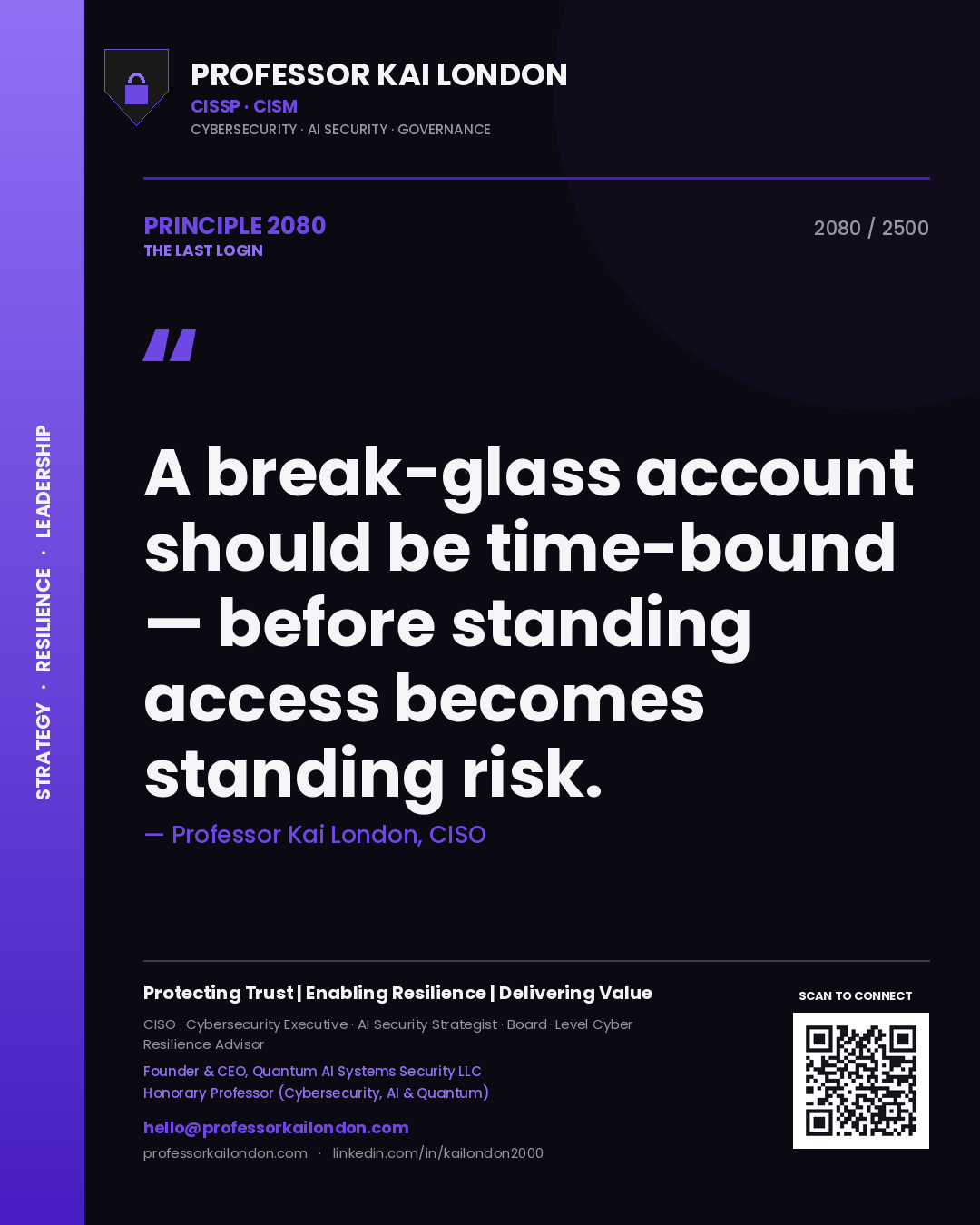 Professor Kai London principle 2080: A break-glass account should be time-bound — before standing access becomes standing risk.