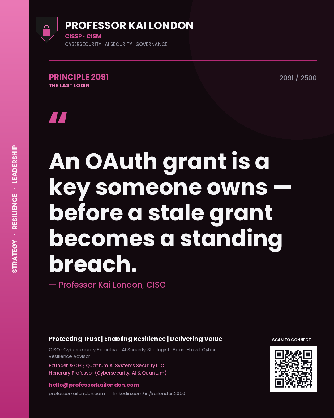 Professor Kai London principle 2091: An OAuth grant is a key someone owns — before a stale grant becomes a standing breach.