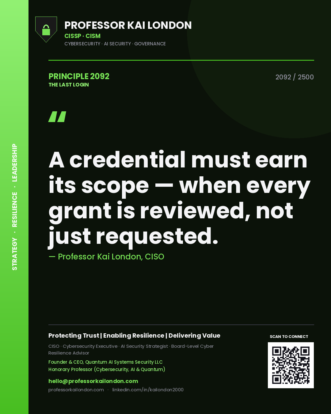 Professor Kai London principle 2092: A credential must earn its scope — when every grant is reviewed, not just requested.