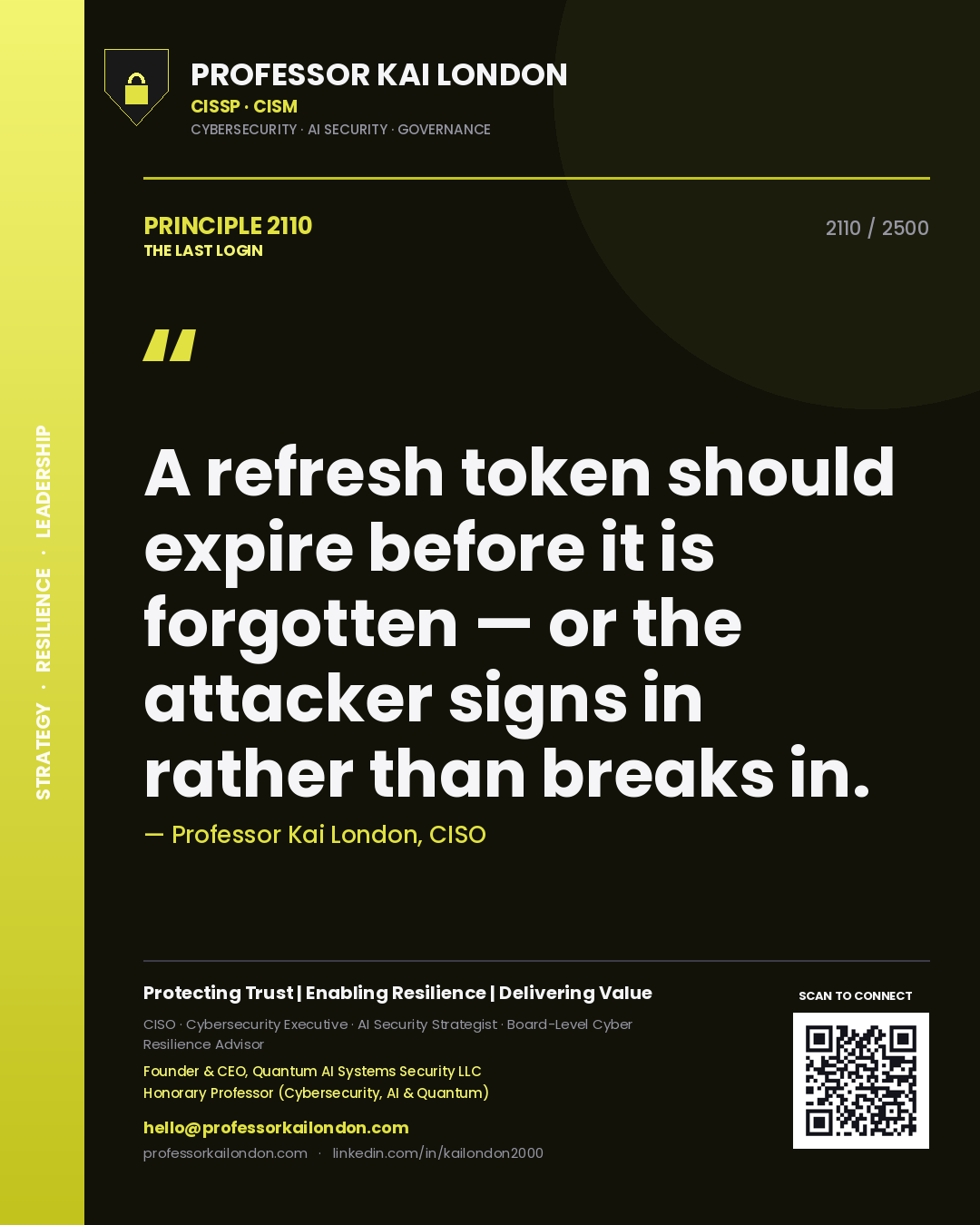 Professor Kai London principle 2110: A refresh token should expire before it is forgotten — or the attacker signs in rather than breaks in.