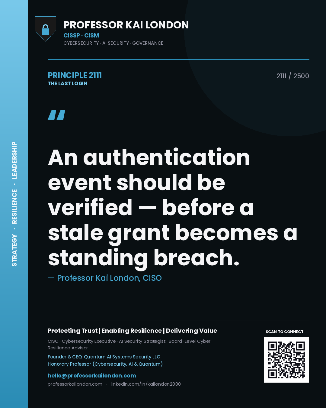 Professor Kai London principle 2111: An authentication event should be verified — before a stale grant becomes a standing breach.
