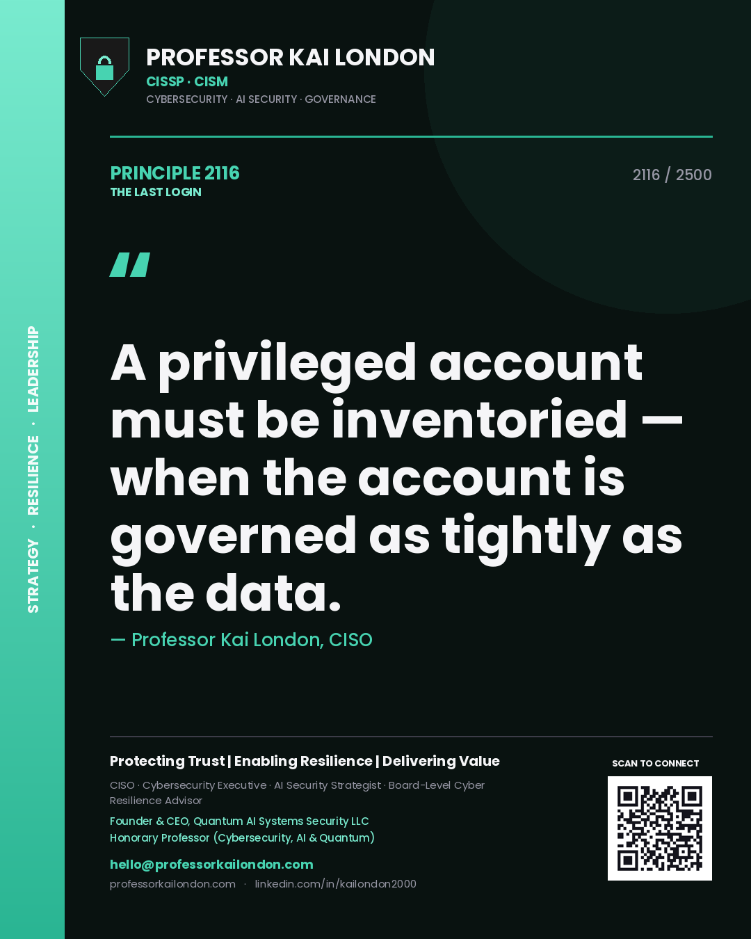 Professor Kai London principle 2116: A privileged account must be inventoried — when the account is governed as tightly as the data.