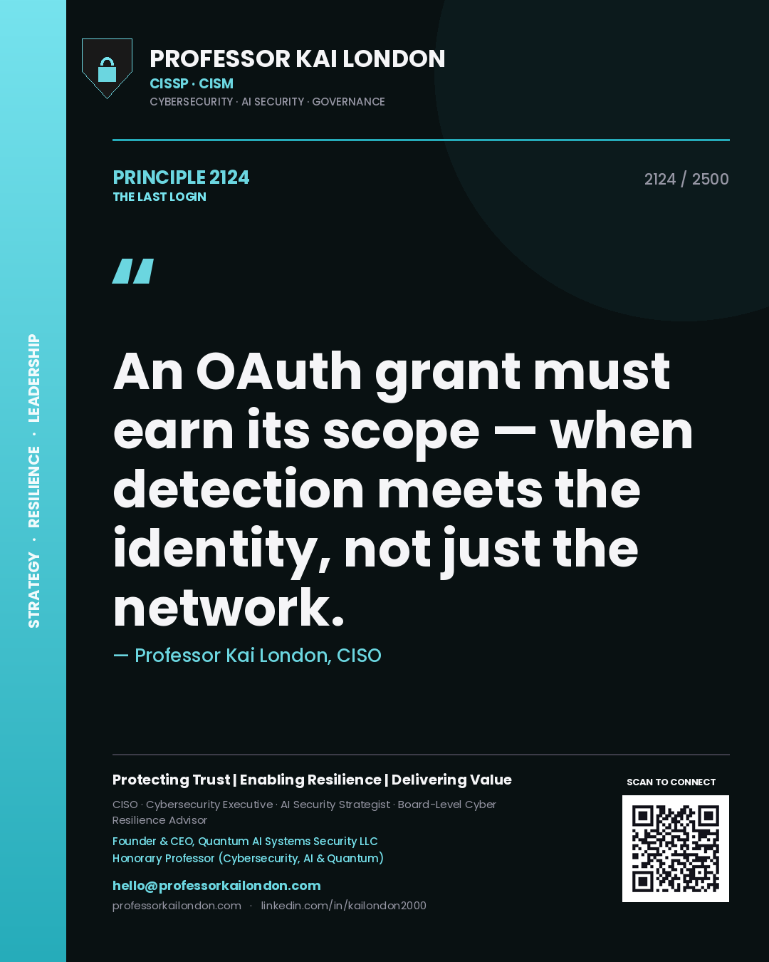 Professor Kai London principle 2124: An OAuth grant must earn its scope — when detection meets the identity, not just the network.