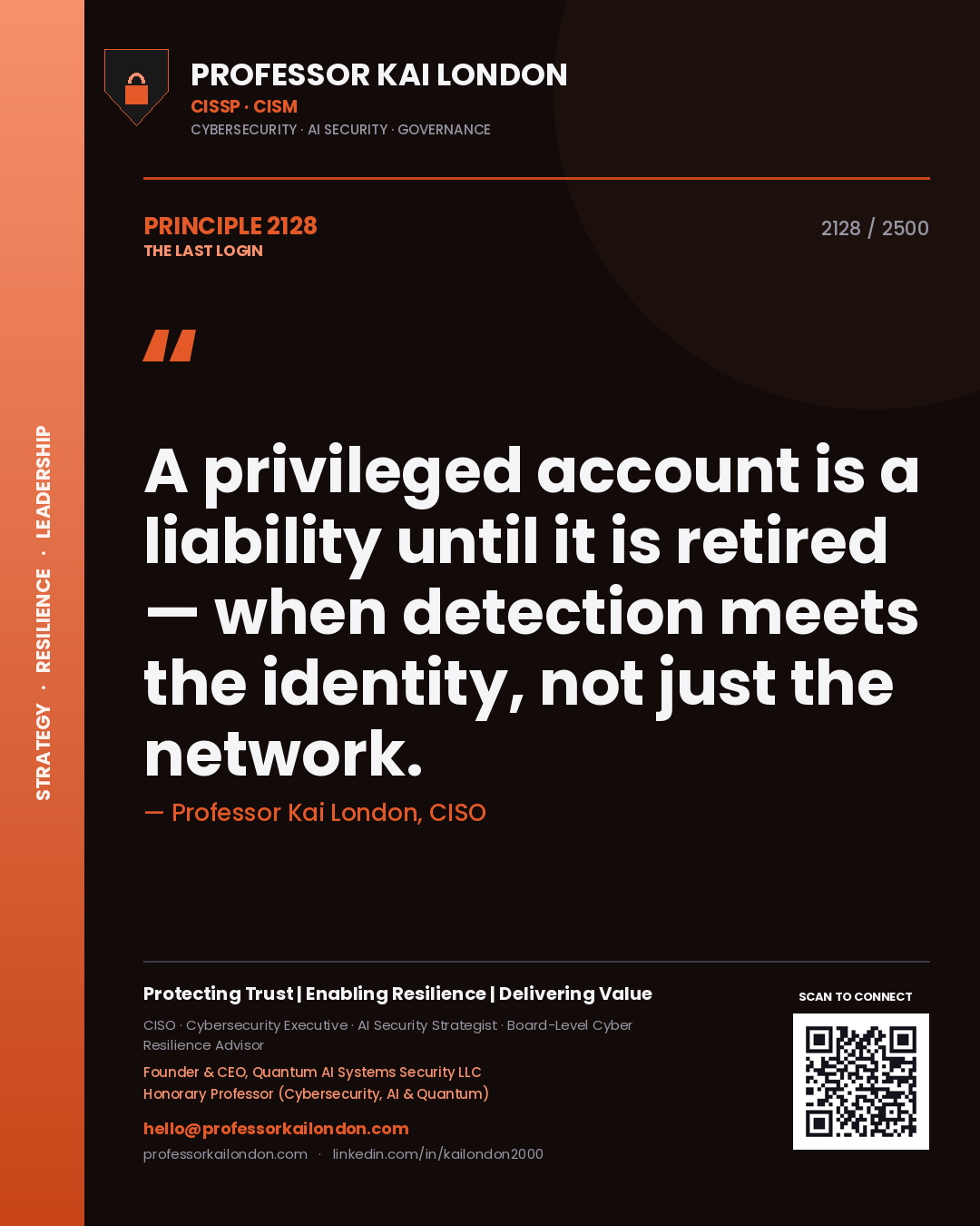 Professor Kai London principle 2128: A privileged account is a liability until it is retired — when detection meets the identity, not just the network.