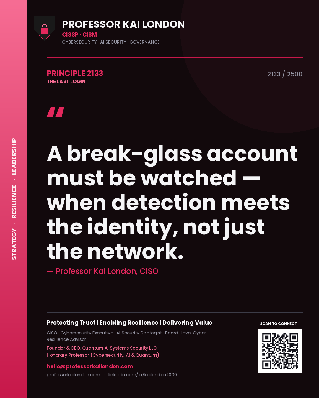Professor Kai London principle 2133: A break-glass account must be watched — when detection meets the identity, not just the network.
