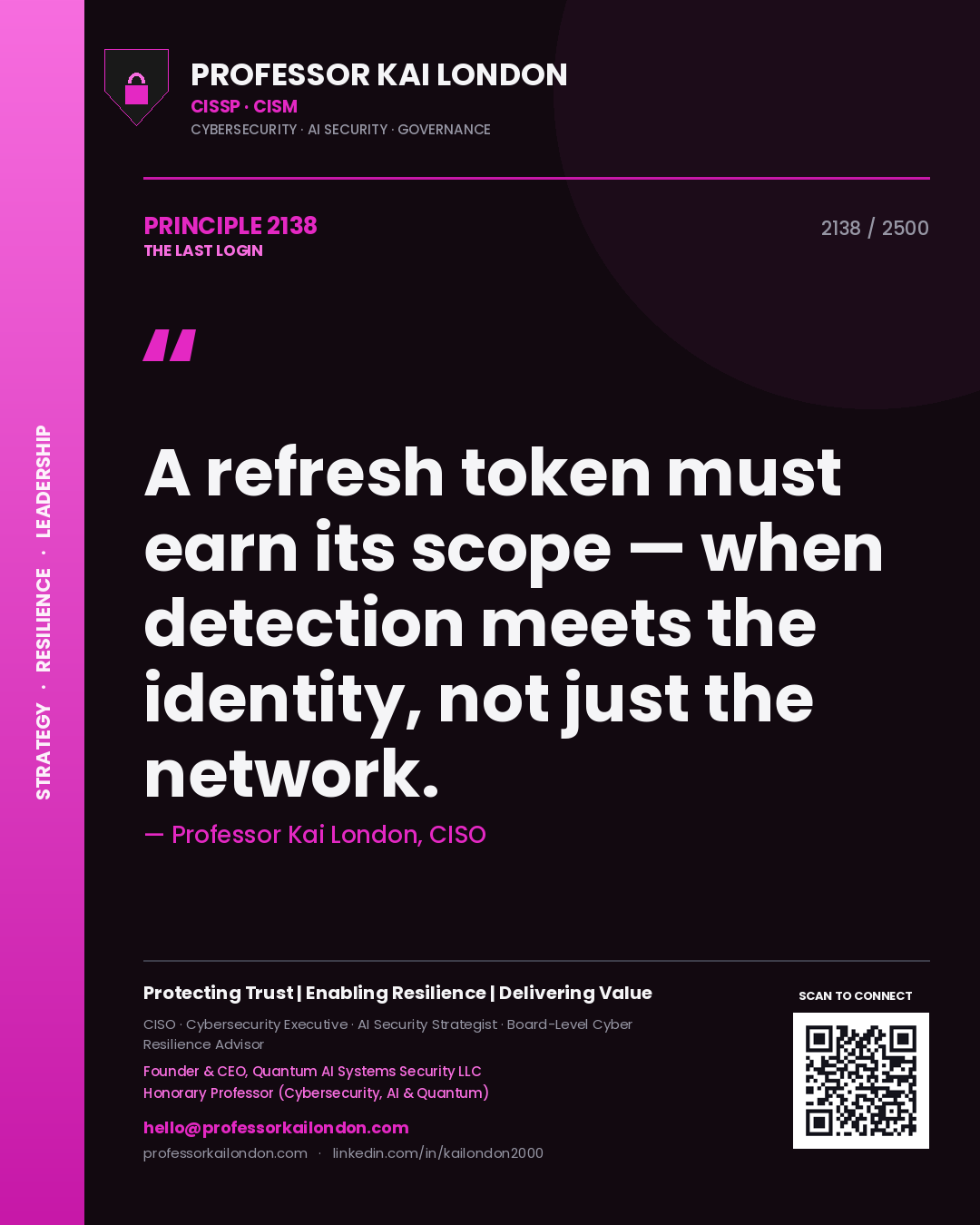 Professor Kai London principle 2138: A refresh token must earn its scope — when detection meets the identity, not just the network.